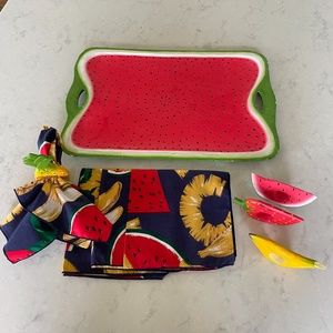 VTG 9 Piece  Fruit Tray,Rings & Napkins Hand Paint